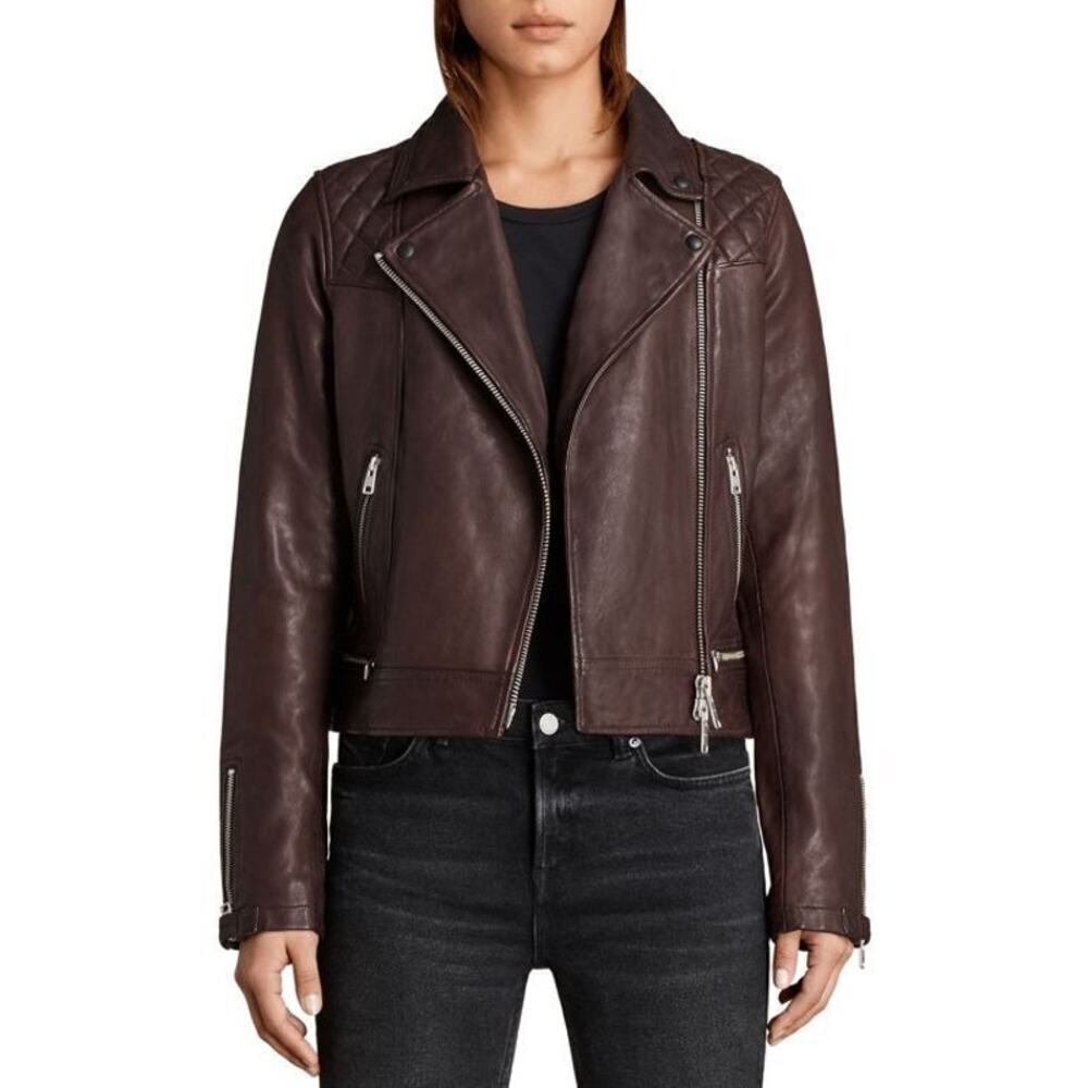 AllSaints Conroy Leather Asymmetrical Zip Biker Motorcycle Jacket Oxblood Size 4
